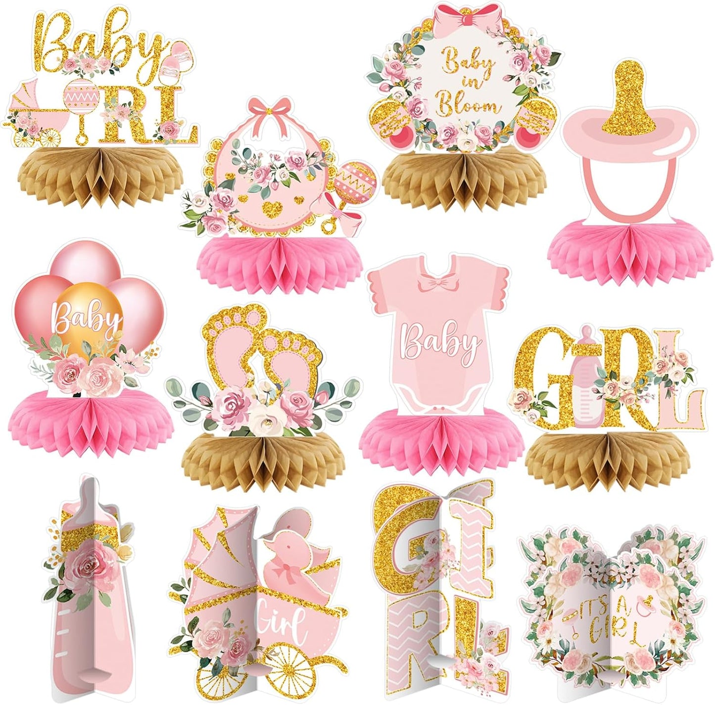 Pickmesh 12 Pieces Pink Gold Girls Baby Shower Decorations Honeycomb Centerpieces Pink Flower Bottles Balloons Carriages Baby Shower Table Decorations Table Topper for Gender Reveal Party Supplies