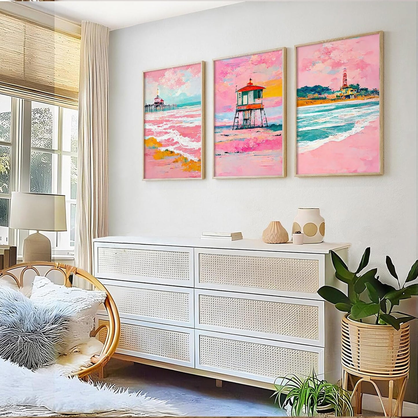 Beach Boho Wall Art Prints Set of 3 Preppy Coastal Wall Decor Pictures Pink Beach Canvas Wall Decor Art Pastel Surf Art Lighthouse Poster Coastal Artwork for Living Room Bedroom 16x24 Inch Unframed