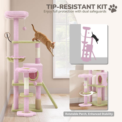 YITAHOME 61" Flower Cat Tree, Cat Tree Cute with Large Metal Frame Hammock, Silicone Tickling Column, Cat Scratched Board, 3 Sisal Scratching Posts, Aesthetic Cat Tower with Condo and Perches