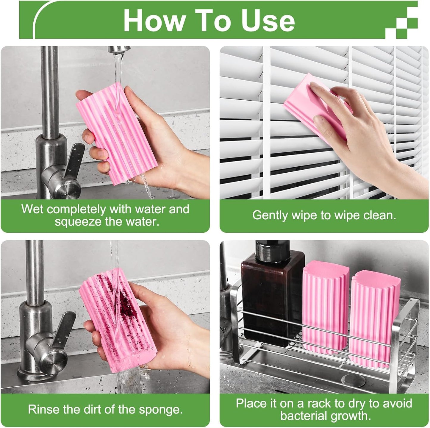 Jeymei 4-Pack Damp Clean Duster Sponge,Pink Damp Dusting Sponge,Duster Baseboard Cleaner Sponge with Ridges,Reusable Wet Duster Sponge,Household Cleaning Sponges for Blinds,Window Track Grooves