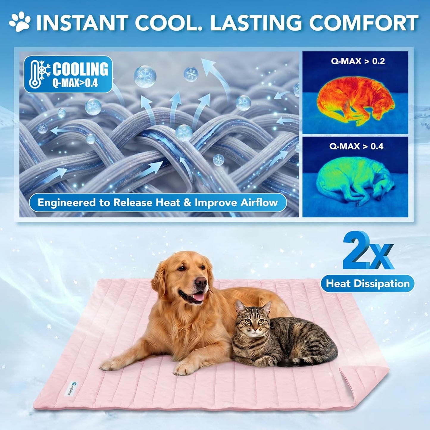 PetAmi Dog Cooling Mat, Q-Max Pet Cooling Blanket with Thick Cushioning, Self Cooling Pad for Dogs & Cats, Reversible Summer Mat for Crate, Couch, Kennel, Pink, Large (40x60)