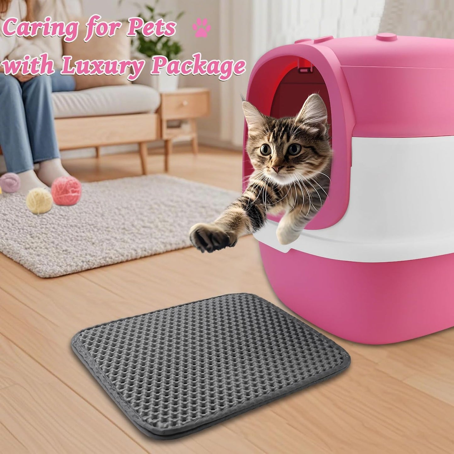 Cat Litter Box with Litter Mat, 20"x15"x15" Large Litter Box for Big Cats, Enclosed Removable Litter Boxs, Flip-Top Design, Odor Control, Easy to Clean (Pink)