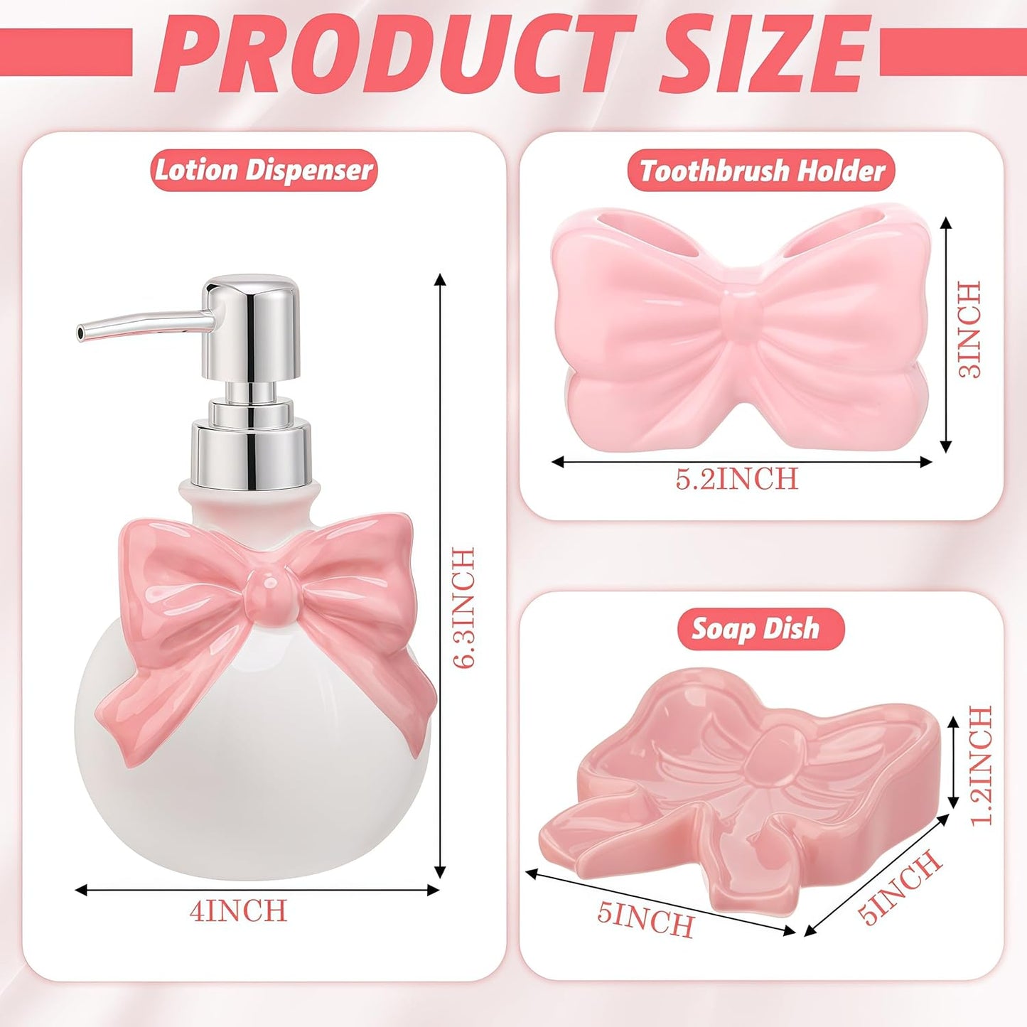 Pink Bow Ceramic Bathroom Accessories Set 3 Pcs for Countertop, Soap Dispenser, Toothbrush Holder, Soap Holder, Bathroom Sink Decor for Modern Home Decor