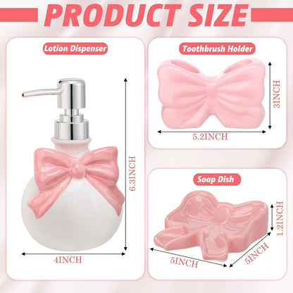 Pink Bow Ceramic Bathroom Accessories Set 3 Pcs for Countertop, Soap Dispenser, Toothbrush Holder, Soap Holder, Bathroom Sink Decor for Modern Home Decor