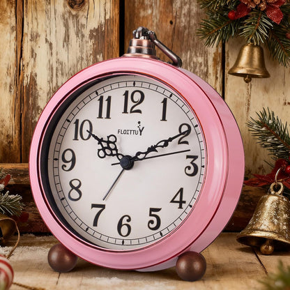 FLOITTUY 4.5" Battery Operated Antique Retro Analog Metal Alarm Clock, Silent Bedside Desk Clock, Wall-Hanging Vintage Clock(Vintage Pink)
