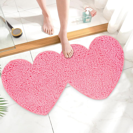 Valentine’s Day Bathroom Rugs Double Heart Shaped Love Decorative Pink Chenille Shower Mat Non Slip Washable Front Door Mat for Home Living Room Bedroom Bathroom Decor, 31.5 x 15.7 Inch