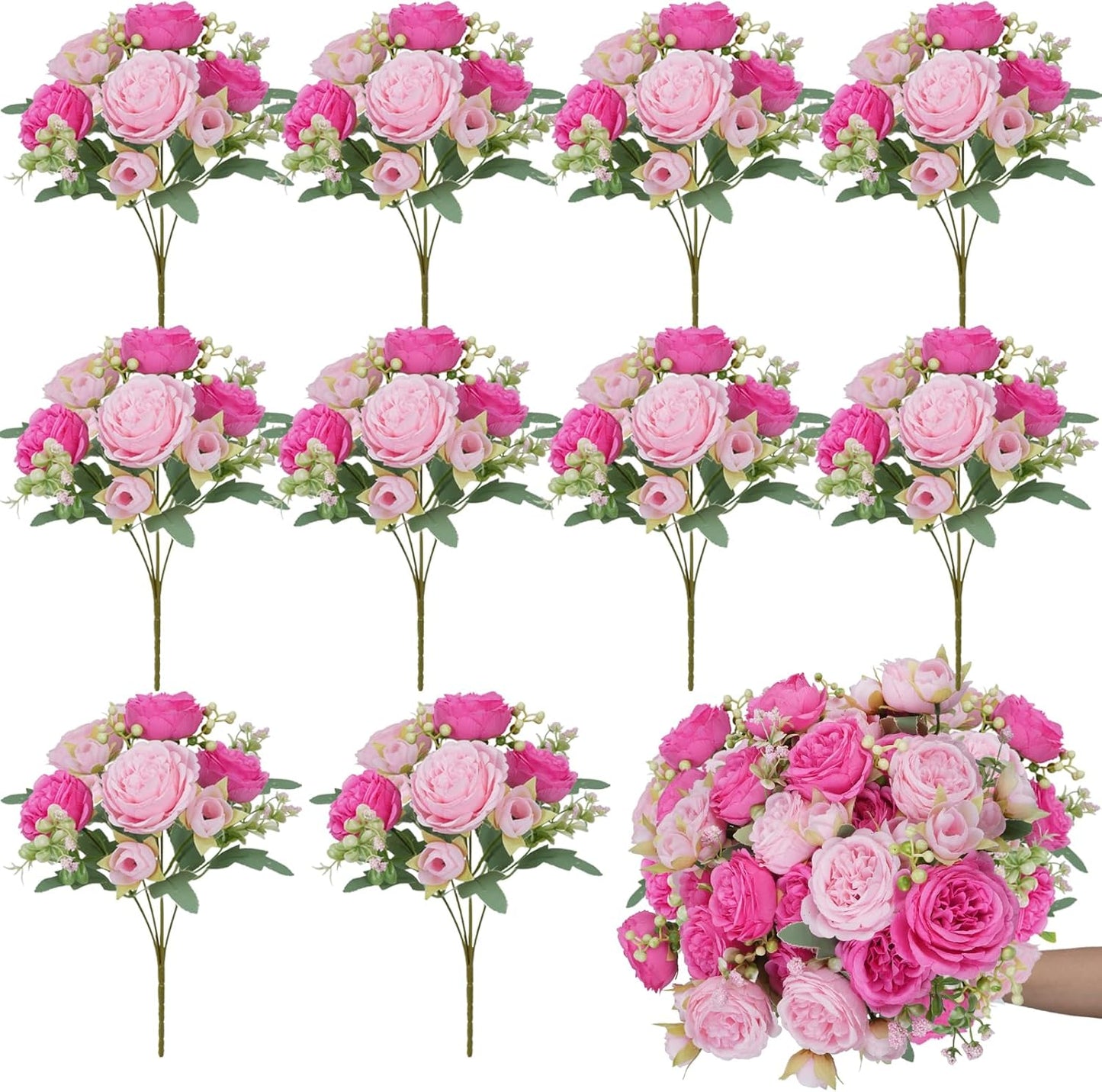 10 Bundles Peonies Artificial Flowers, Pink Silk Peony Flower Bulk Bridesmaid Bouquet for Indoor Home Decor Bedroom Kitchen Office Wedding Party Table Centerpieces