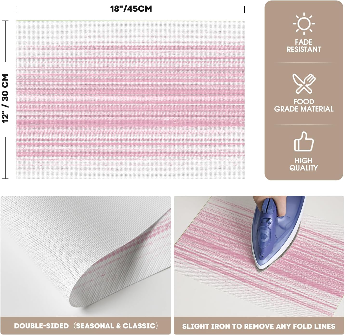 Artoid Mode White Pink Vinyl Placemats Set of 4, Washable Heat Resistant Non-Slip Woven Plastic PVC Easter Place Mats for Farmhouse Holiday Party Kitchen Dining Decor