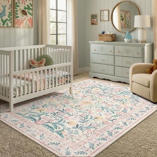 Morebes Washable Area Rug 6x9, Pink Boho Floral Rugs for Bedroom Girls, Soft Low-Pile Indoor Nursery Carpet for Living Room Dining Room Playroom Dorm Kids Room Decor