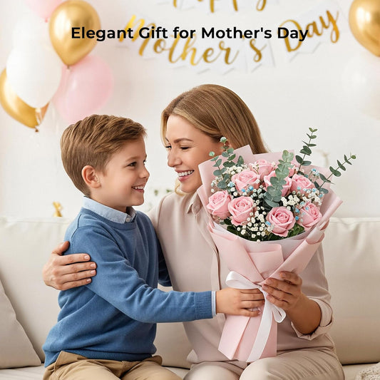 Auihiay 14PCS Pink Fake Roses, Artificial Roses Flowers with Long Stems for Mother's Day, Valentine's Day, Wedding Bouquet, Baby Shower, Birthday, Home & Party Decor