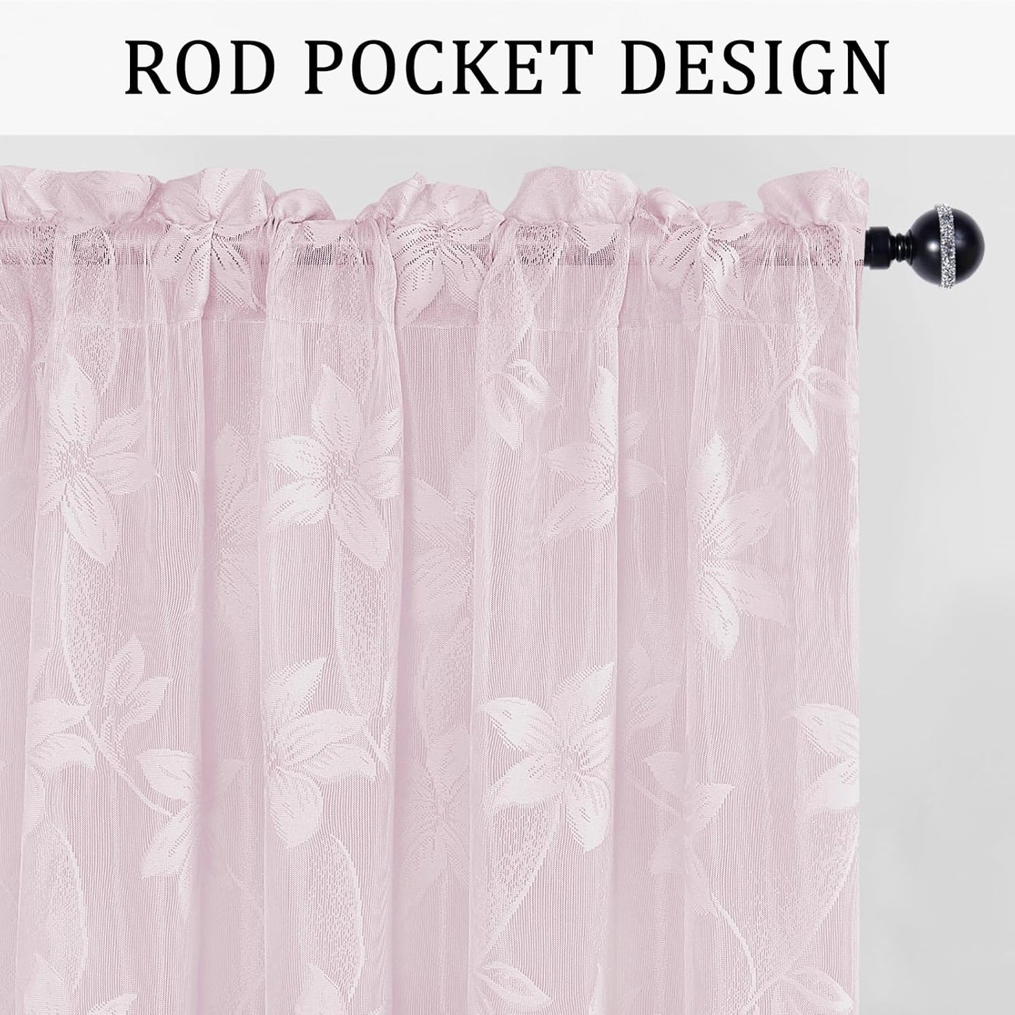 DWCN 2 Pack White Floral Lace Valances for Kitchen - Rod Pocket Half Window Sheer Curtains for Small Window Living Room Cafe, 42 x 18 inch, Sakura Pink