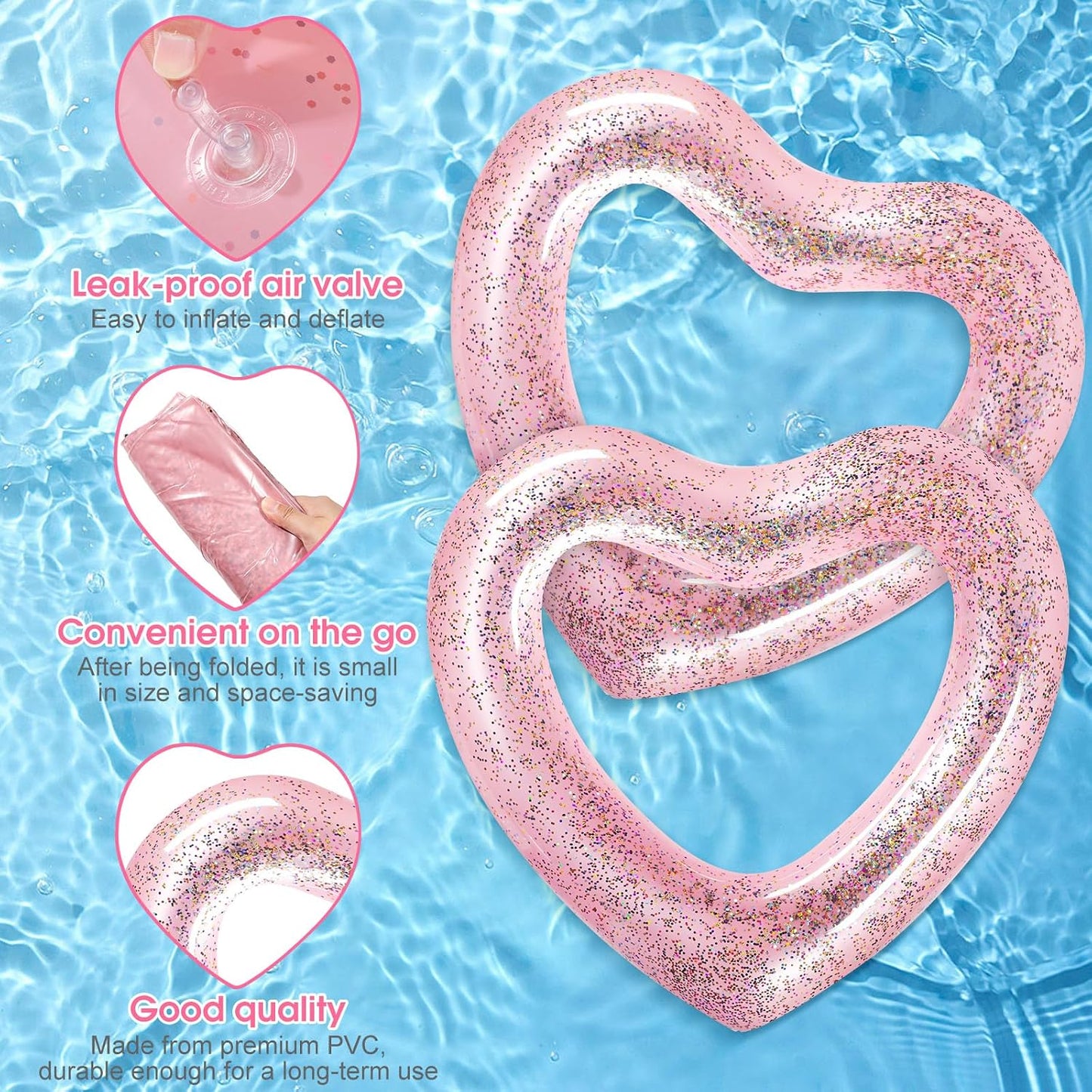 Sumind 2 Pcs Heart Pool Floats Inflatable Swim Rings, 47.3 x 39.4 Inch Bachelorette Floaties Heart Shaped Swimming Loungers Tube for Wedding Bride Summer Beach Party Decorations(Pink)