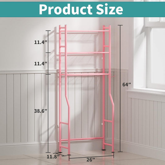 3-Tier Over The Toilet Storage Organizer, Space-Saving Bathroom Rack with Paper Holder & 4 Hooks, 64" Tall Freestanding Carbon Steel Shelf for Small Apartment Laundry Room (Pink)