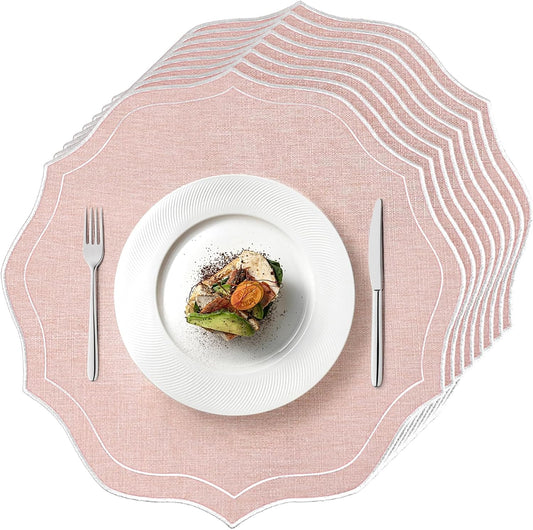 Set of 8 Cotton Linen Placemats, 15x15 Round Scalloped Cloth Table Mats, Embroidery Machine Washable, Wrinkle Resistance Fabric Place Mats for Wedding Summer Baby Shower Party Table Decor-Pink