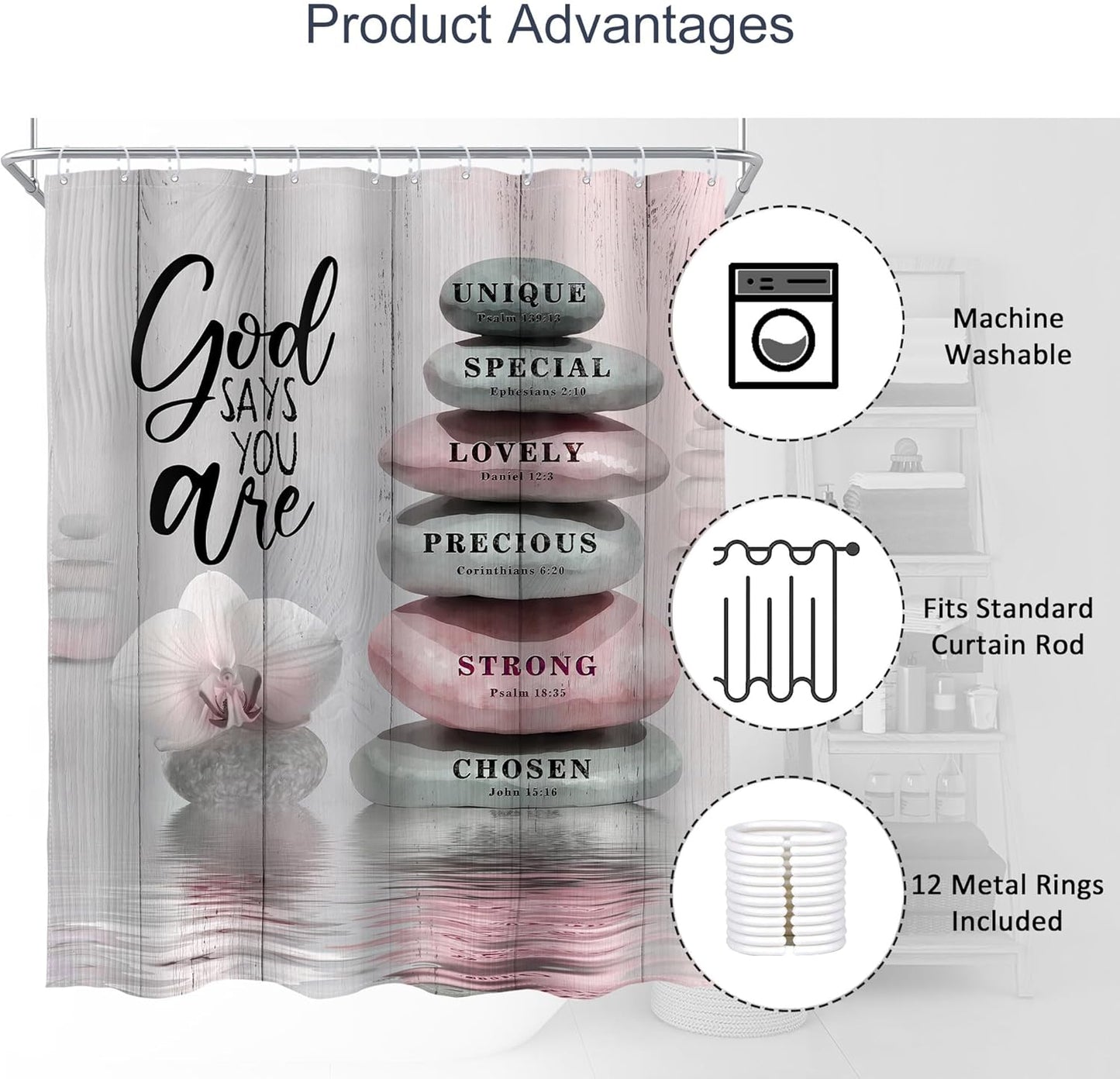 AMBZEK Pink Shower Curtain 60Wx72L Inch Bible Verse Scripture Christian Zen Stone Spa Meditation Relaxing Lotus Peach Blush Cloth Fabric Waterproof Polyester Bathroom Decor Set with 12 Pack Hooks