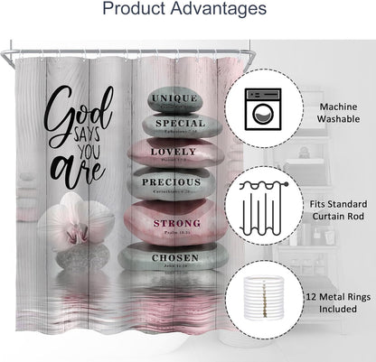 AMBZEK Pink Shower Curtain 60Wx72L Inch Bible Verse Scripture Christian Zen Stone Spa Meditation Relaxing Lotus Peach Blush Cloth Fabric Waterproof Polyester Bathroom Decor Set with 12 Pack Hooks