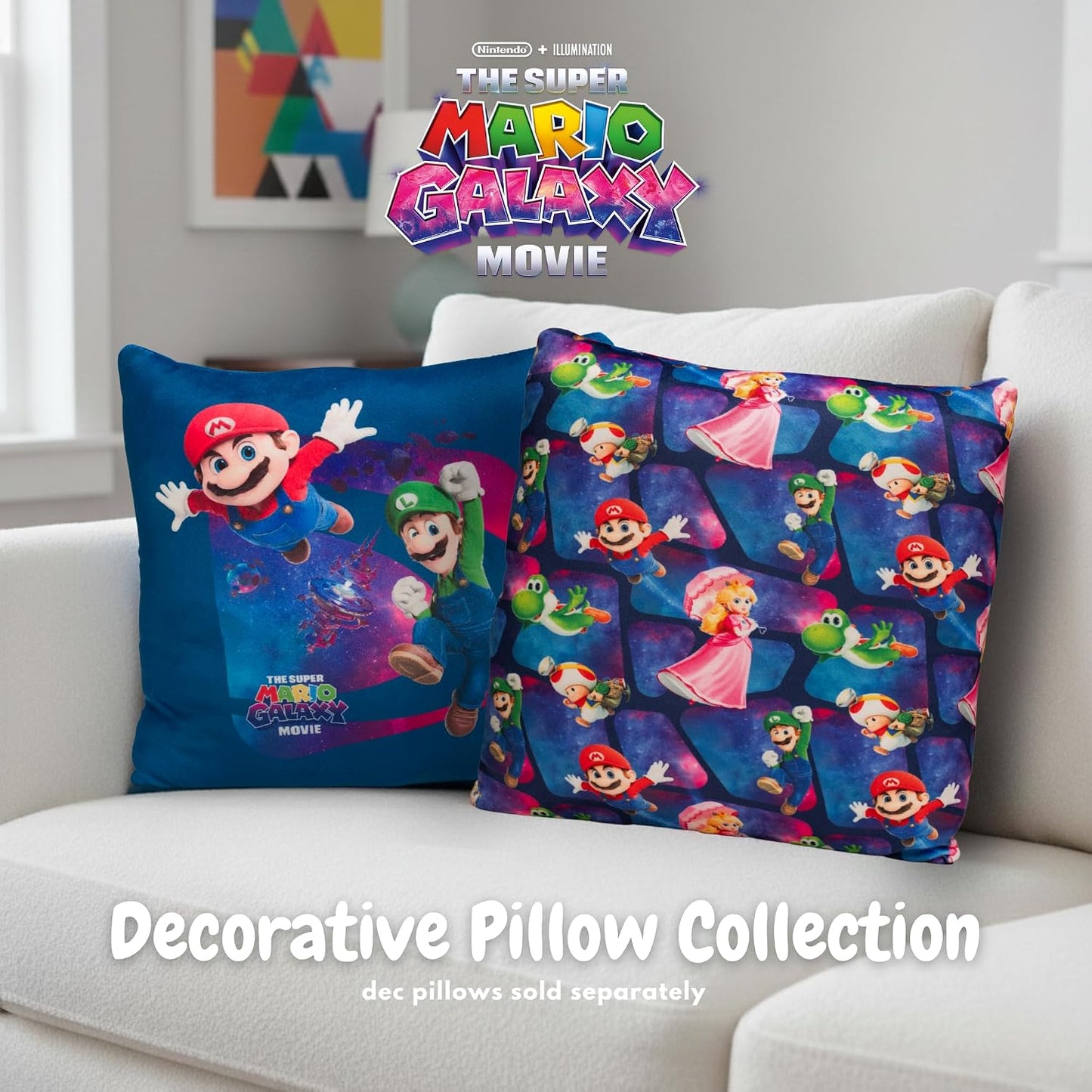 The Super Mario Galaxy Movie Kids Squishy Plush Throw Pillow, Soft Decorative Cushion for Bedroom Décor & Gifts, 13 Inch, Mario, Luigi & Princess Peach (100% Officially Licensed Product) By Franco