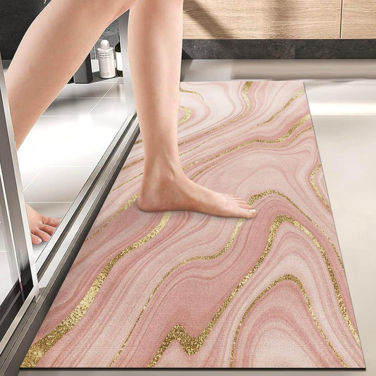 Arttown Absorbent Quick Dry Bath Mat for Bathroom, Marble Texture Pink and Gold Washable Bath Rugs, Non Slip Rubber Backing Mat Bathroom Decorations 17x43 Inches for Kitchen Bedroom Indoor