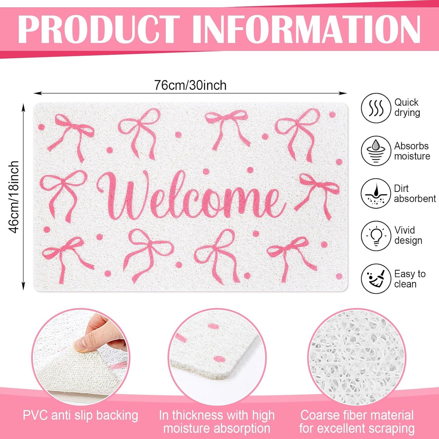 Mindsoft Pink Bow Doormat - 18x30 Non Slip Coquette Welcome Mat, Cute Pink Ribbon Door Mat for Apartment Entryway, Girls Bedroom Rug, Aesthetic Room Decor Gift for Her