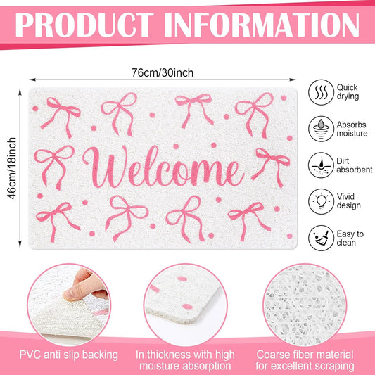 Mindsoft Pink Bow Doormat - 18x30 Non Slip Coquette Welcome Mat, Cute Pink Ribbon Door Mat for Apartment Entryway, Girls Bedroom Rug, Aesthetic Room Decor Gift for Her