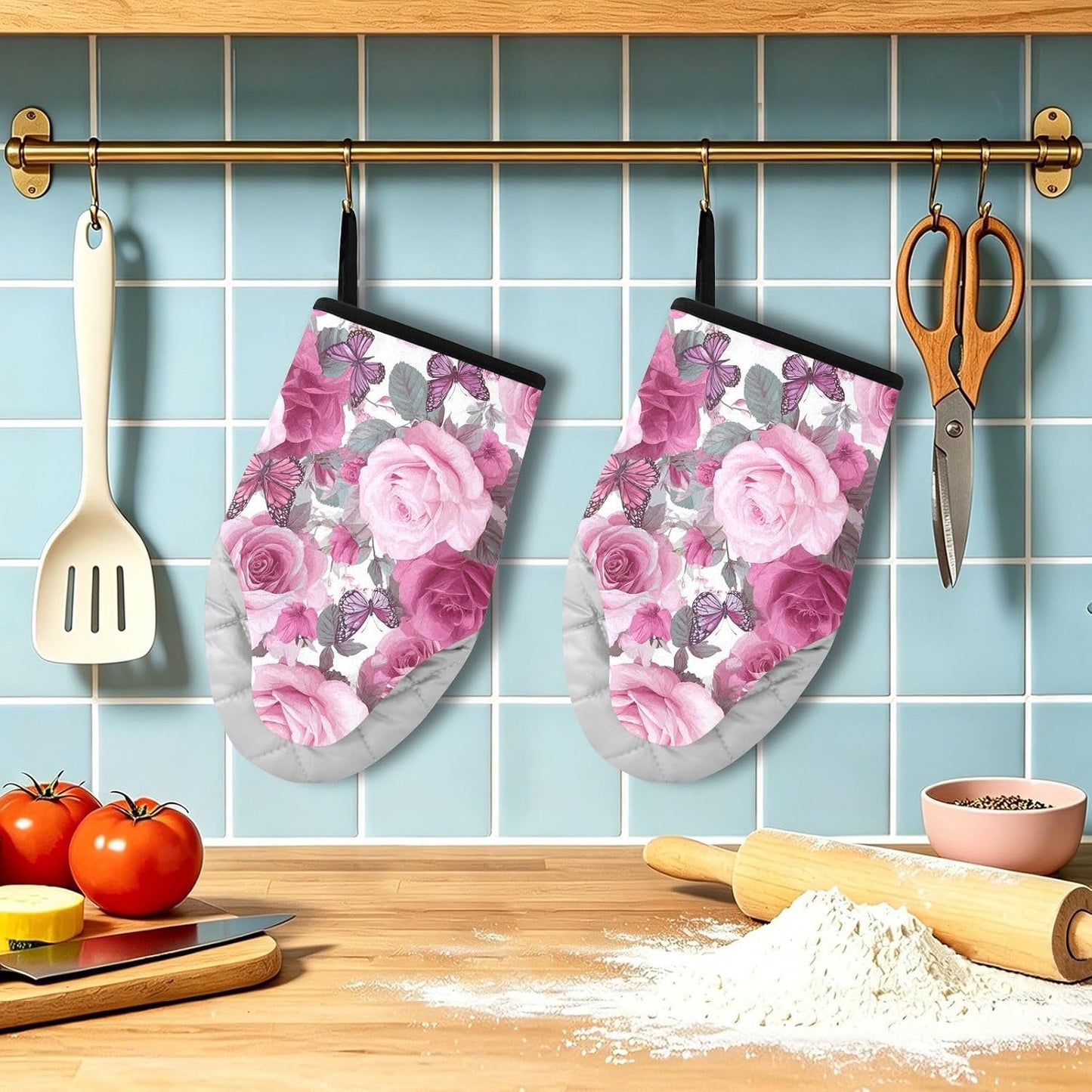 Oven Mitt 2 Pack Set Vivid Pink Rose Flowers Kitchen Mitts Gloves for for Cooking Baking Grilling