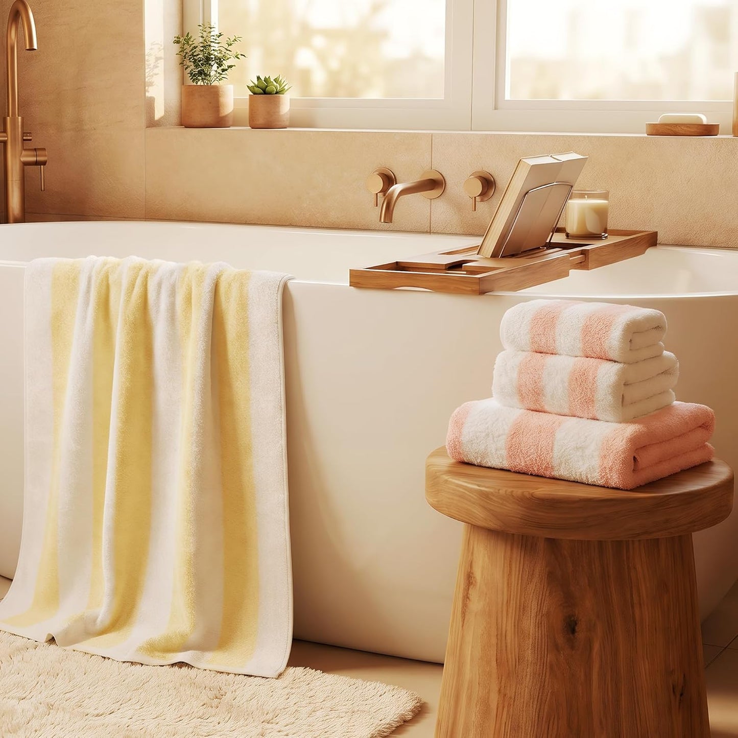 Vie Triomphe Soft Luxury 6 Piece Towel Sets, 2 Bath Towels 2 Hand Towel 2 Washcloths,100% Cotton Towels for Bathroom, Pink Striped and Yellow Striped, 6-Piece Towel Set;