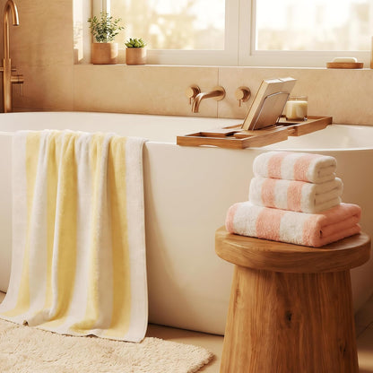 Vie Triomphe Soft Luxury 6 Piece Towel Sets, 2 Bath Towels 2 Hand Towel 2 Washcloths,100% Cotton Towels for Bathroom, Pink Striped and Yellow Striped, 6-Piece Towel Set;