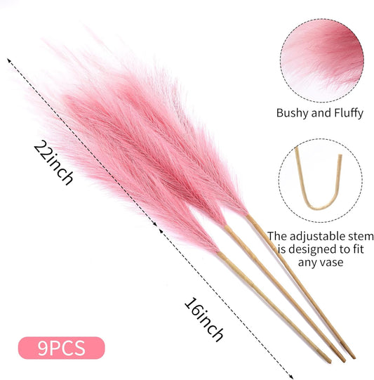 Wertuirk 9 Stems Pink Pampas Grass - 38 Inch Large Fluffy Faux Pompous Grass Decor, Long Artificial Colored Pompas Floral for Vase Filler, Wedding Centerpieces and Home Decor (Pink)