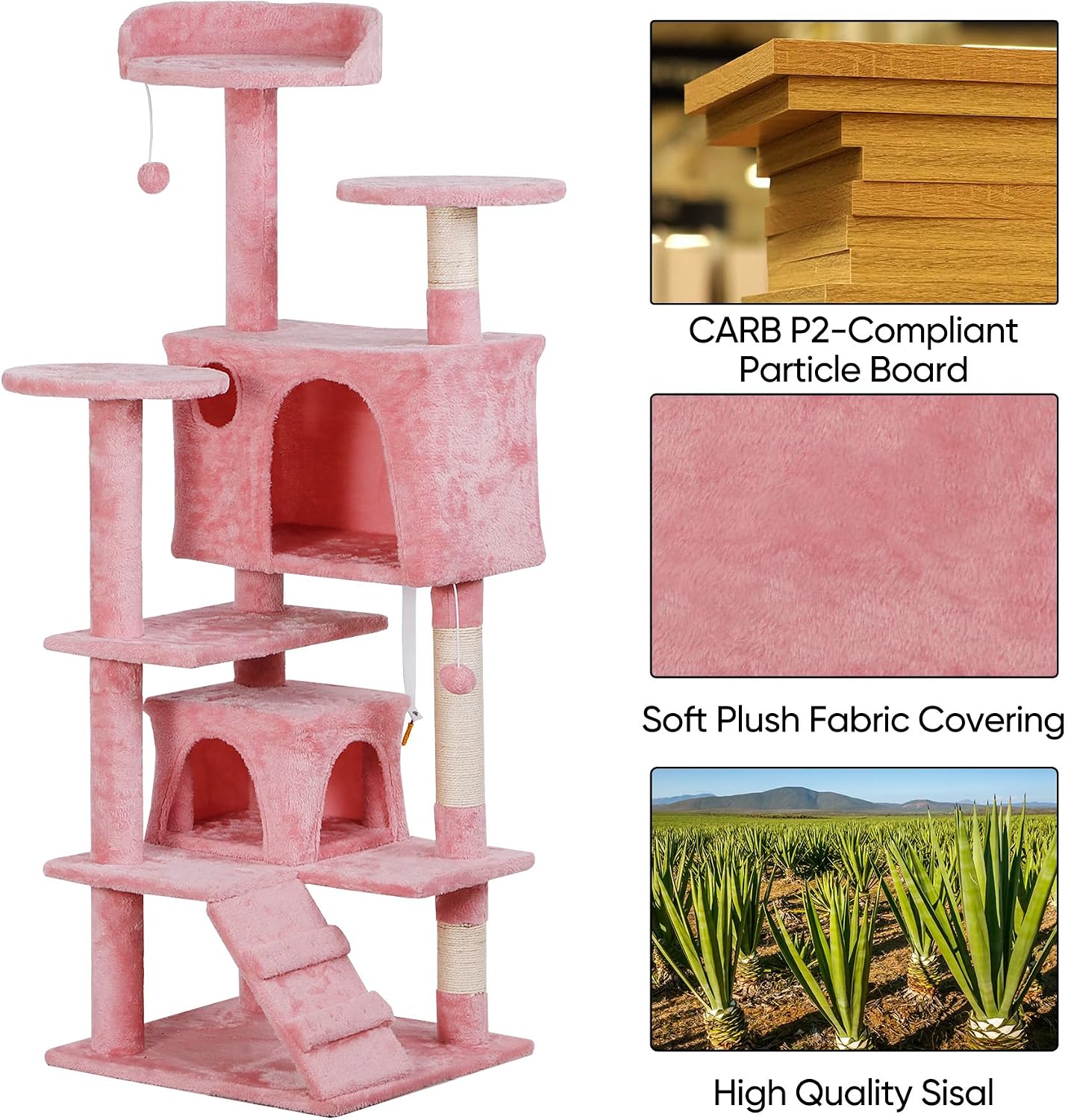 52” Multi-Level Cat Tree Condo Furniture Kitten Activity Play House Bed Pet Kitty Climbing Tower with Scratching Posts/Plush Perch/Scratcher Ladder/Tunnel for Cats,Kittens,Pets (Pink)