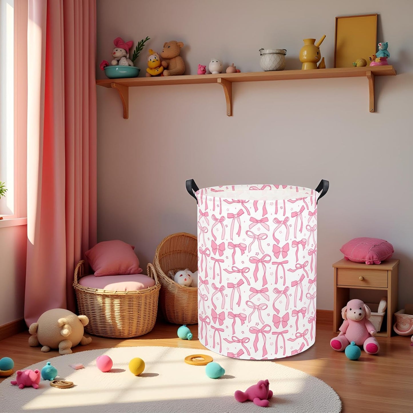 Baby Laundry Basket Kids Hamper Toy Storage Bin for Boys Room Decor Baby Nursery Hamper Gift Baskets for Bedroom Bathroom(Pink Bowknot)