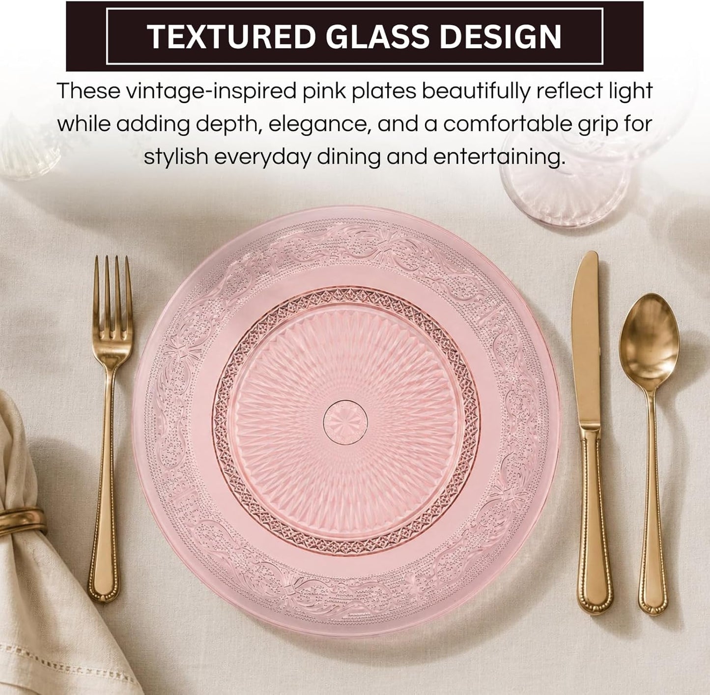 Art Deco Vintage Crystal Pink Plates | Set of 6 | Unique 10.5" Dinner or Charger Plates - Dinner, Charger, Dessert Server, Appetizer Plate, Snack, Fruit, Hand Wash, Housewarming Gift