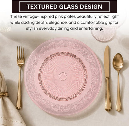 Art Deco Vintage Crystal Pink Plates | Set of 6 | Unique 10.5" Dinner or Charger Plates - Dinner, Charger, Dessert Server, Appetizer Plate, Snack, Fruit, Hand Wash, Housewarming Gift