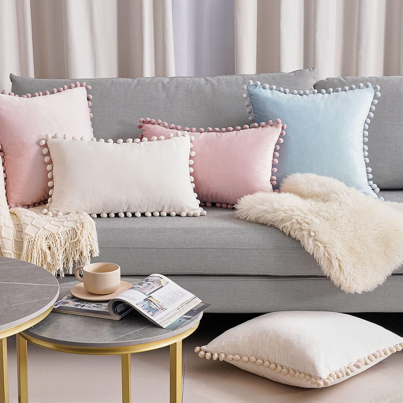 Topfinel Blush Pink Decorative Throw Pillow Covers for Couch Bed 20x20 Soft Velvet Pillow Coveres Set of 2 Cute Square Cushion Covers with Pom-poms for Bedroom Livingroom Aesthetic Home Decor