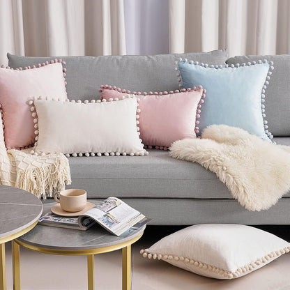 Topfinel Blush Pink Decorative Throw Pillow Covers for Couch Bed 20x20 Soft Velvet Pillow Coveres Set of 2 Cute Square Cushion Covers with Pom-poms for Bedroom Livingroom Aesthetic Home Decor