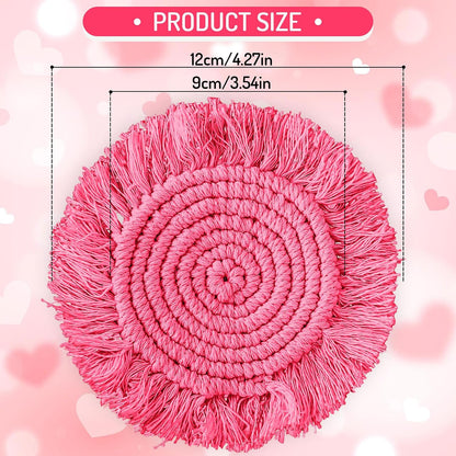 Whaline 4Pcs Boho Macrame Coasters Handmade Woven Drink Coasters Red Pink Farmhouse Cup Mat Pad for Home Kitchen Office Valentine's Day Party Table Decor