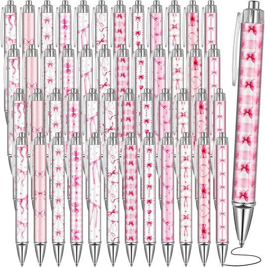 Sayglossy 48 Pcs Pink Bow Ballpoint Pens 0.5 mm Black Ink Coquette Aesthetic Bow Ribbon Heart Pens for Women Office Home Valentines Gifts Presents Supplies
