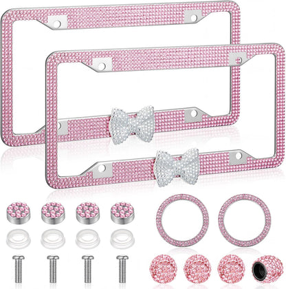 AceOrbit 8 Pcs Pink Car Accessories, Bling License Plate Frames with White Bow, Diamond Tire Valve Stem Caps and Start Stop Decorative Rings for Women Gifts Car Decoration