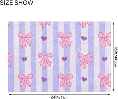 Pink Bows and Stripes Bathroom Rugs, Ultra Soft Absorbent Plush 16” x 24” Bath Mats, Non-Slip Machine Washable Shaggy Floor Rugs for Bathroom Tub
