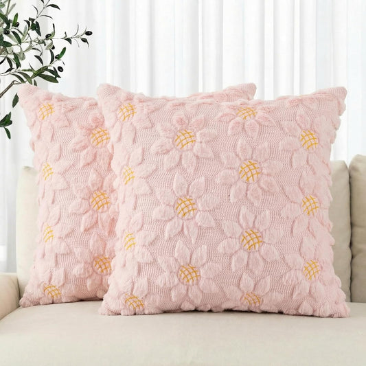 AVOIN colorlife Spring Summer Pink Sunflower Throw Pillow Covers Set of 2, 18 x 18 Inch Seasonal Flora Farmhouse Decor Flower Soft Plush Faux Fur Jacquard Cushion Case for Home Sofa