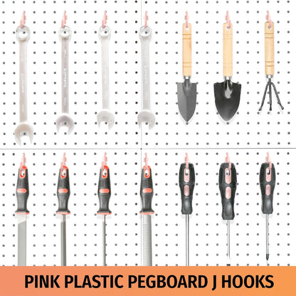 HUHOLE 100PC Pink J Shape Plastic Pegboard Hooks for 1/4 Inch Pegboards | Snap In Hooks with 15 lb Capacity for Jewelry, Crafts, Keys, Cables, Tools, Garage Organization and Retail