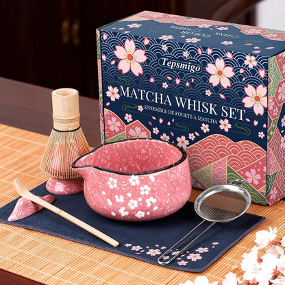 Matcha Whisk Set, 7 PCS Ceramic Matcha Sets with Bowl, Bamboo Whisk and Holder, Towel, Sifter, Bamboo Scoop, Scoop Rest, Gifts for Tea Lovers, Birthdays New Year Gifts for Women Mom