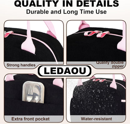 LEDAOU Lunch Box for Women Insulated Lunch Bag Cute Lunchbox Compact Cooler Thermal Reusable Lunch Tote for Work School Picnic Travel (Black-Pink)