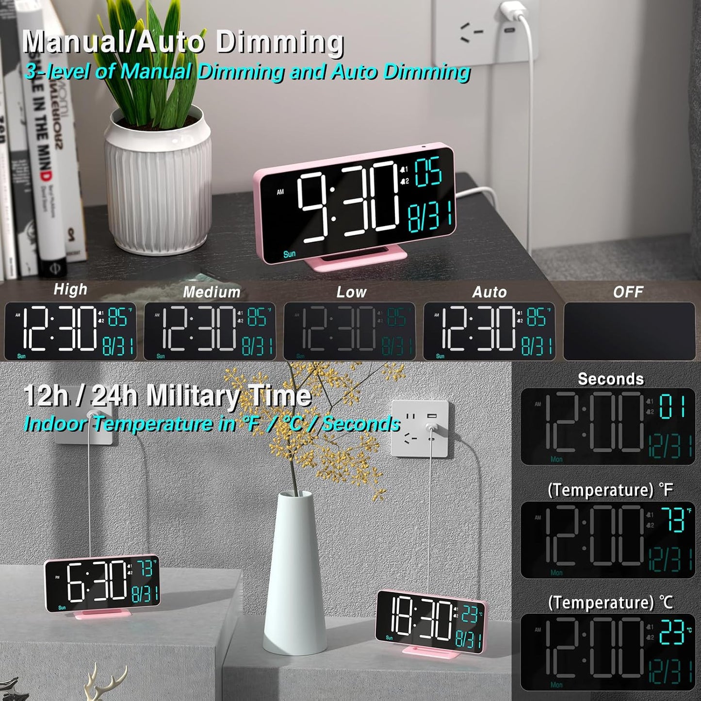 KOSUMOSU Clock for Bedroom, 6.7in Digital Alarm Clock, Auto Dimming, Room Temperature, Day of The Week, Seconds, Date, Alarm Clocks for Bedrooms, Digital Clocks for Living Room