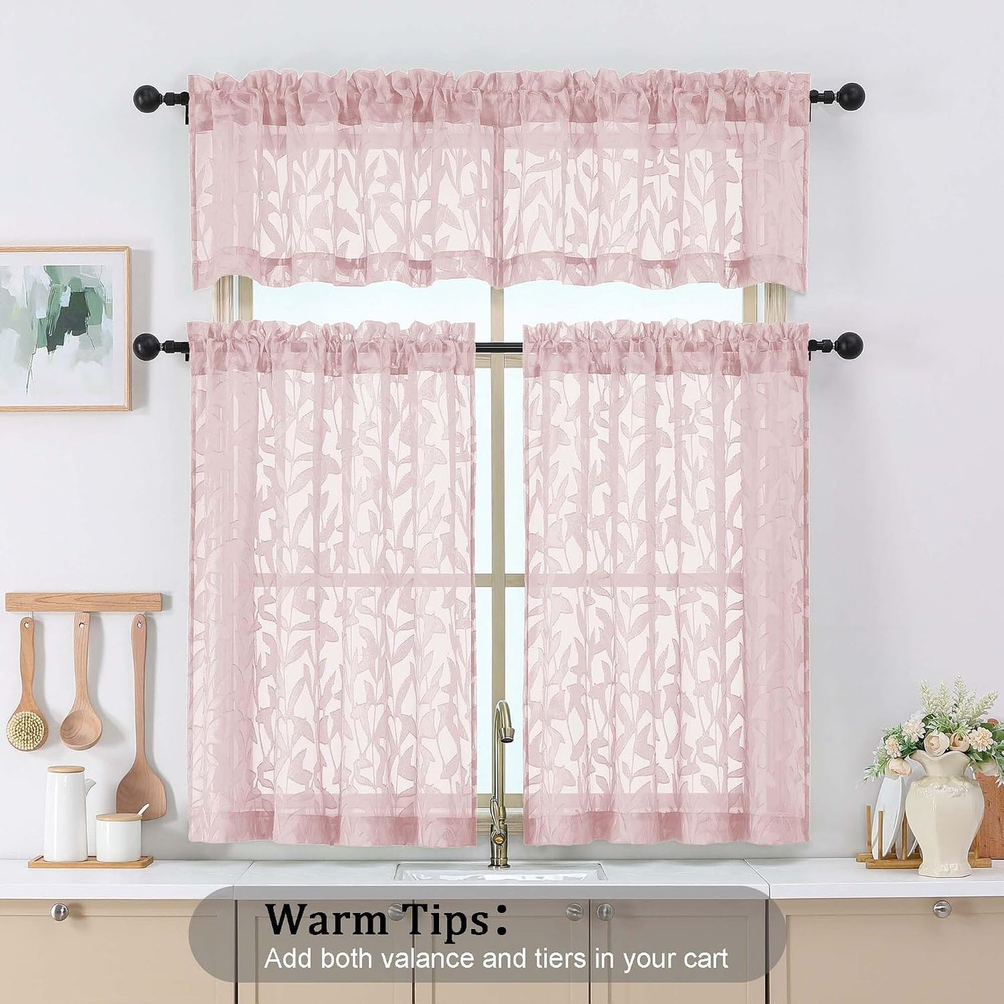 OWENIE Leyna 14 Inch Blush Pink Valance for Windows 2 PCS Sheer Curtains, Jacquard Leaves Textured Small Kitchen Valances Curtain for Living Room Bedroom, Modern Rod Pocket Drapes, 40Wx14L Inch
