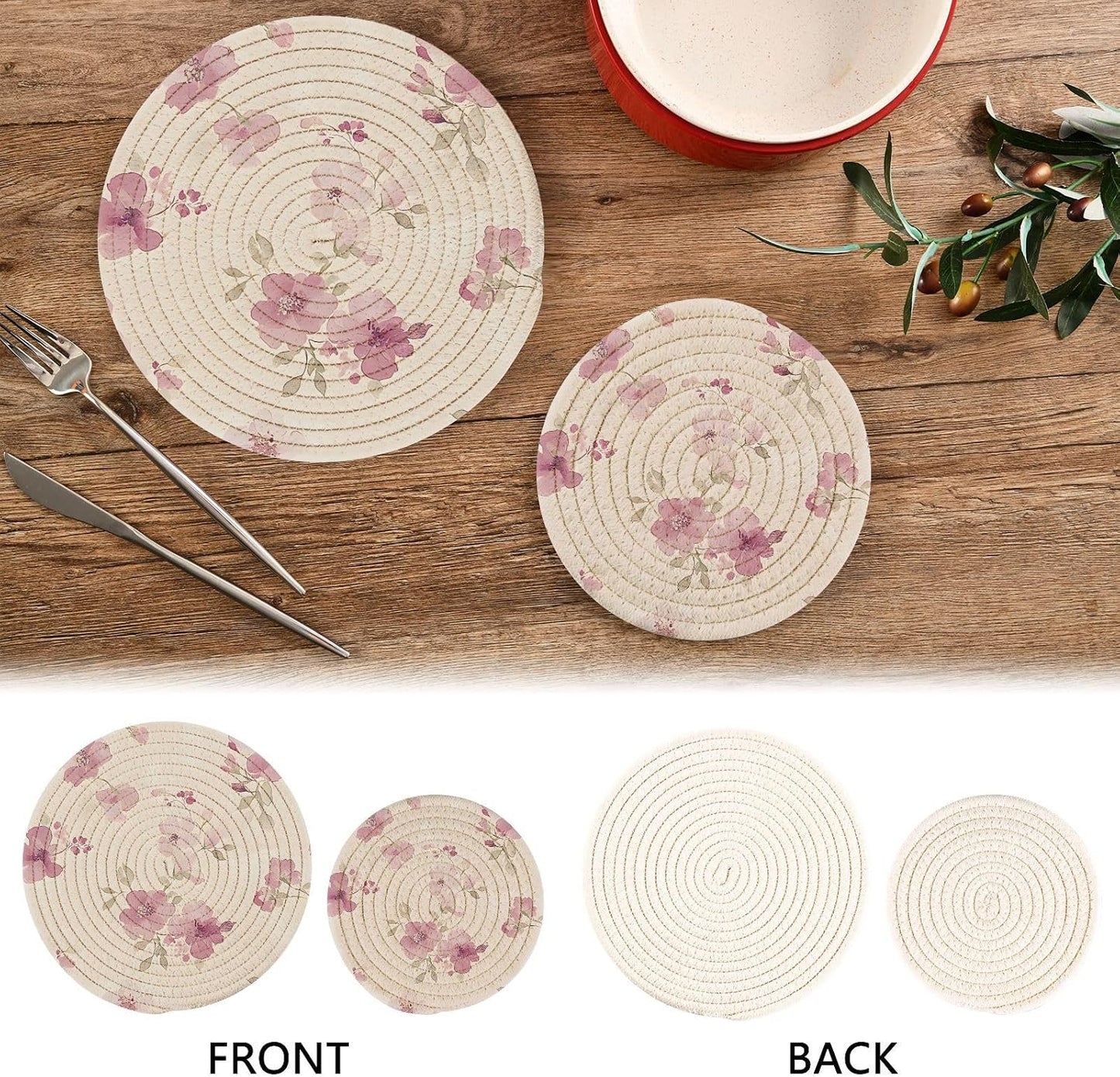 Light Pink Flower Pattern Kitchen Trivets Pot Holders Set of 2 for Pots Dishes Woven, Trivet Coaster Pad Mat for Counter