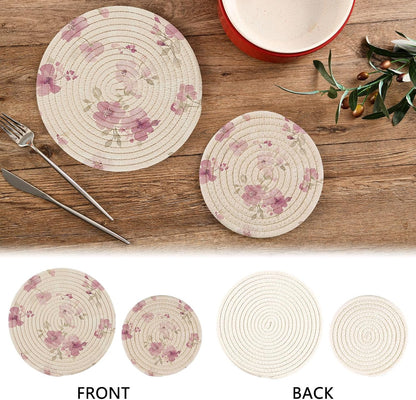 Light Pink Flower Pattern Kitchen Trivets Pot Holders Set of 2 for Pots Dishes Woven, Trivet Coaster Pad Mat for Counter