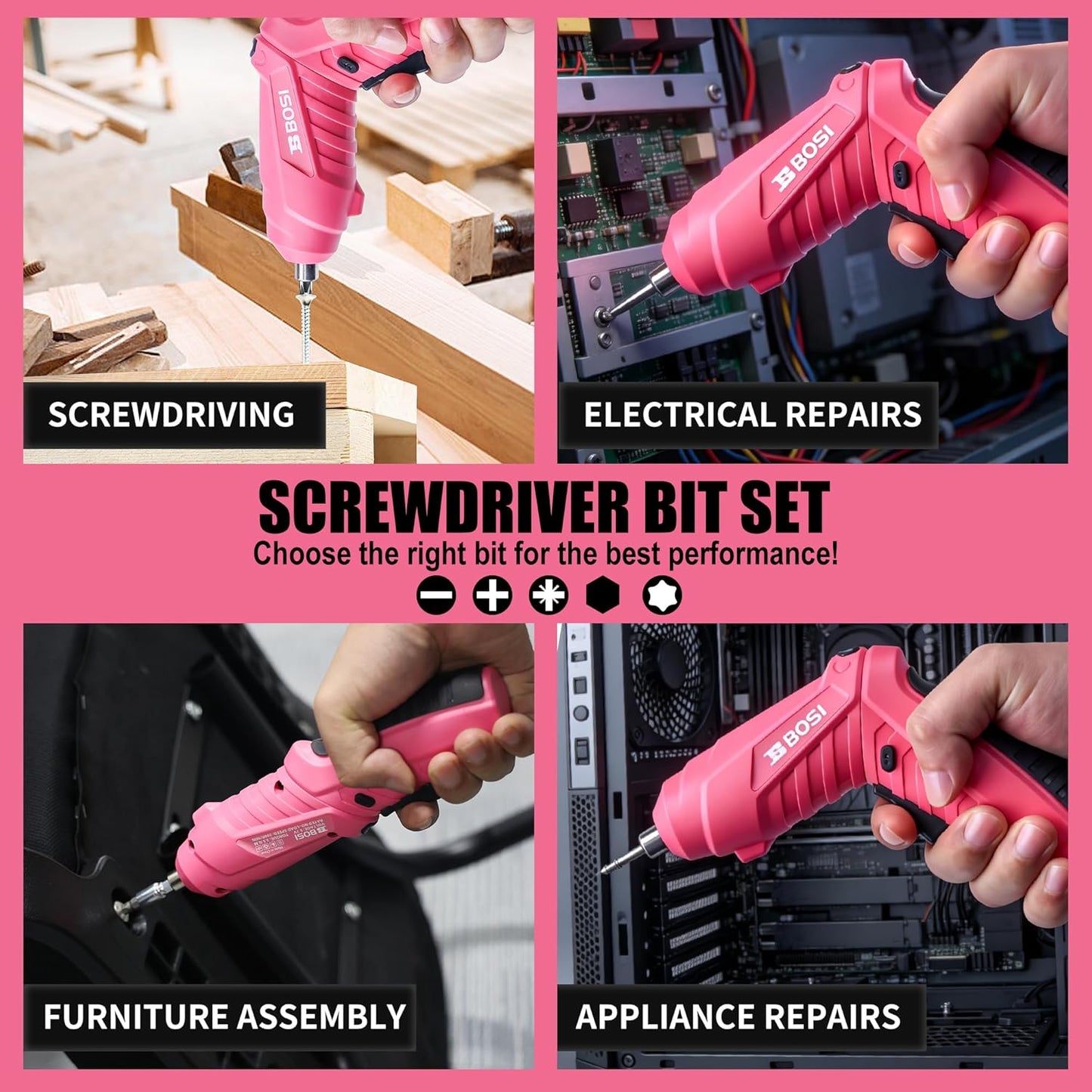3.7V Cordless Power Electric Screwdriver Rechargeable Set, Battery Powered Screwdriver Kit Including 33PCS Bits, Pivoting Handle & Built-in LED Lights, Small Drills Cordless (Pink)