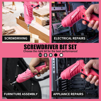 3.7V Cordless Power Electric Screwdriver Rechargeable Set, Battery Powered Screwdriver Kit Including 33PCS Bits, Pivoting Handle & Built-in LED Lights, Small Drills Cordless (Pink)