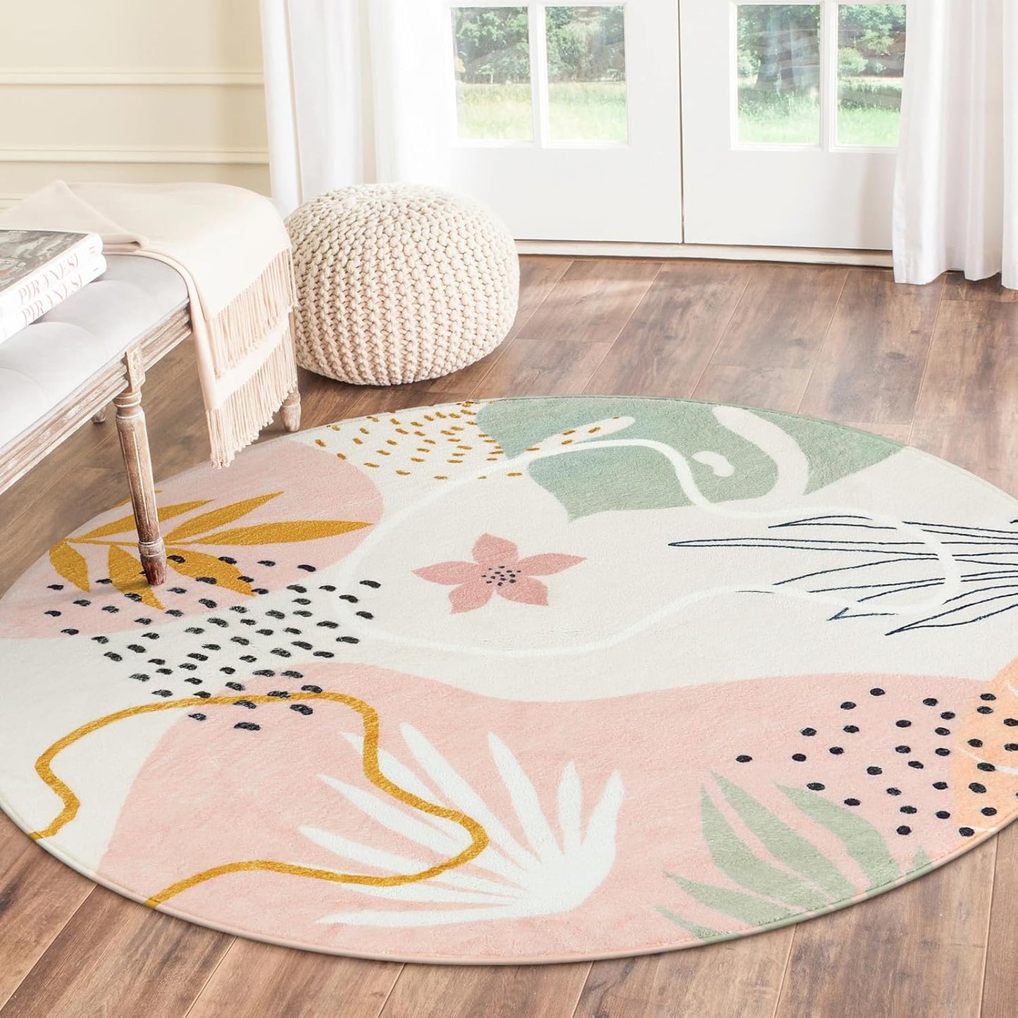 Lahome Pink 6' Round Area Rug, Non-Slip Soft Ultra-Thin Washable Floral Boho Rugs for Living Room, Dining Room, Bedroom, Entryway, Office Dorm, Lightweight