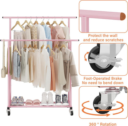 Calmootey Double Rod Clothing Garment Rack,Rolling Hanging Clothes Rack,Portable Clothes Organizer for Bedroom,Living Room,Clothing Store,Pink